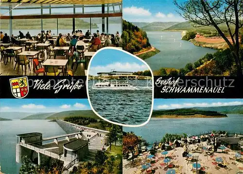 AK / Ansichtskarte Schwammenauel_Heimbach Seehof Restaurant Terrasse Stausee Sperrmauer Fahrgastschiff 