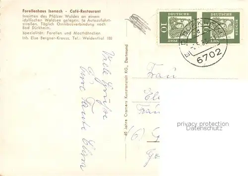 AK / Ansichtskarte Bad_Duerkheim Forellenhaus Isenach Cafe Restaurant Waldsee Pfaelzer Wald Bad_Duerkheim