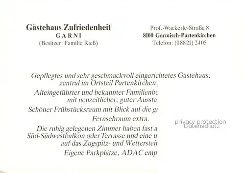 AK / Ansichtskarte Garmisch Partenkirchen Gaestehaus Zufriedenheit Garni Aussenansicht u. Informationen Garmisch Partenkirchen