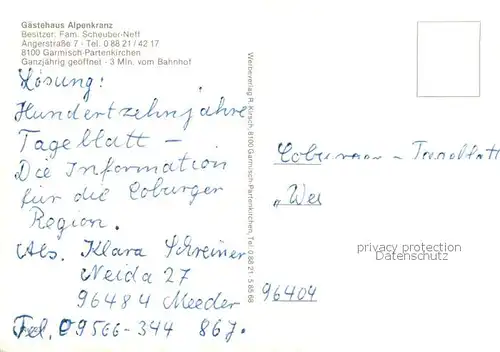 AK / Ansichtskarte Garmisch Partenkirchen Gaestehaus Alpenkreuz Aussenansicht Garmisch Partenkirchen