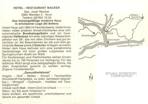 AK / Ansichtskarte Wenden_Biggetal Fliegeraufnahme Hotel Wacker Teilansicht m. Anfahrt u. Informationen Wenden Biggetal