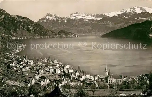AK / Ansichtskarte Weggis_Vierwaldstaettersee mit den Alpen und Hotel Restaurant Buehlegg Weggis_Vierwaldstaettersee