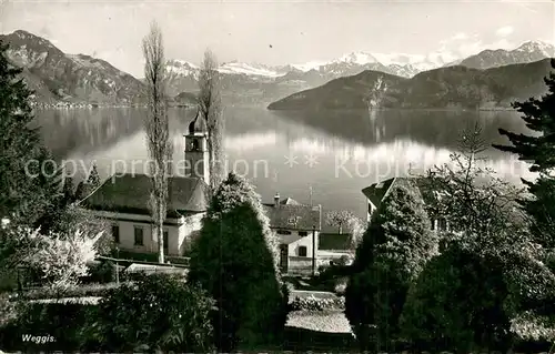 AK / Ansichtskarte Weggis_Vierwaldstaettersee Panorama mit Kirche Weggis_Vierwaldstaettersee