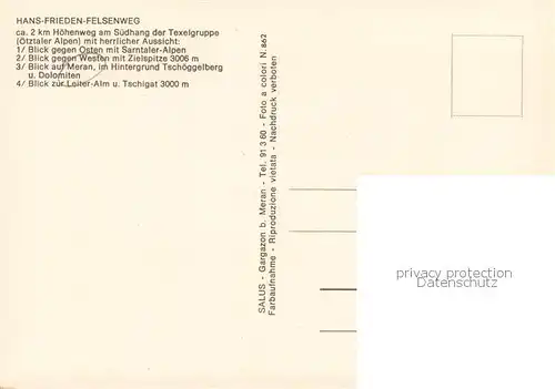 AK / Ansichtskarte Texelgruppe_Dolomiti_IT Hans Frieden Felsenweg Hochmut Leiteralm Sarntaler Alpen Zielspitze Meranblick Leiteralm und Tschigat 