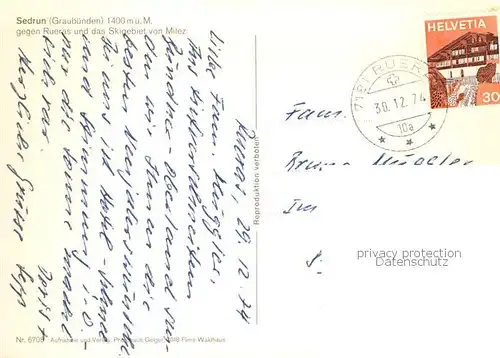 AK / Ansichtskarte Sedrun GEsamtansicht geg. Rueras u. d. Skigebiet v. Milez m. Bahn Winter Sedrun