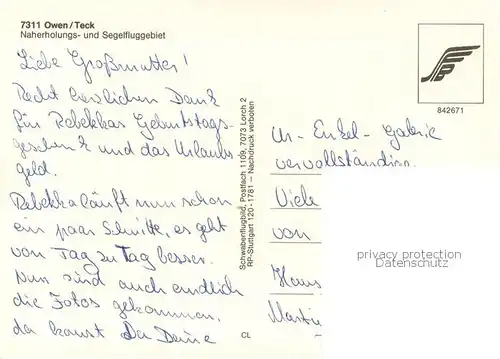 AK / Ansichtskarte Owen_Esslingen Naherholungs  und Segelfluggebiet Owen Esslingen