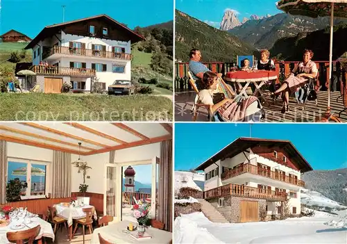 AK / Ansichtskarte Lajen_Suedtirol Garni Hotel Sonneck Gastraum Terrasse im Sommer und Winter 