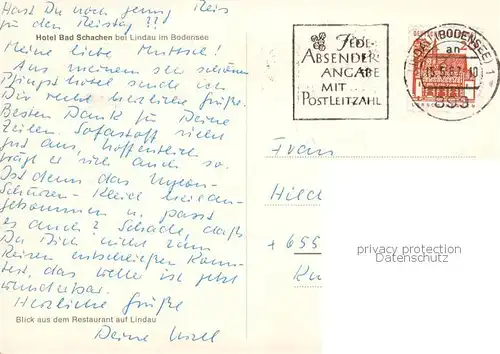 AK / Ansichtskarte Bad_Schachen_Lindau Hotel Bad Schachen Blick aus dem Restaurant auf Lindau Bad_Schachen_Lindau