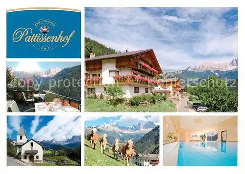 AK / Ansichtskarte Tiers_Tires_Rosengarten_Trento_IT Hotel Pattissenhof Panorama Kirche Pferde Hallenbad 