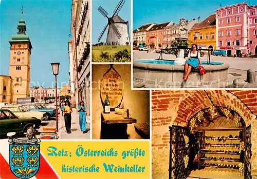 AK / Ansichtskarte Retz_Weinviertel_AT Rathaus Hauptplatz Windmuehle Stadtbrunnen Keller Kapelle Vinothek Groesster historischer Weinkeller oesterreichs 