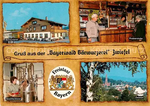 AK / Ansichtskarte Zwiesel__Niederbayern Bayerwald Baerwurzerei Probierstube Destillierblase Wappen 