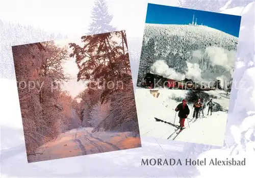 AK / Ansichtskarte Alexisbad_Harz Morada Hotel Winterzauber Skilanglauf Dampflokomotive Brocken Alexisbad_Harz