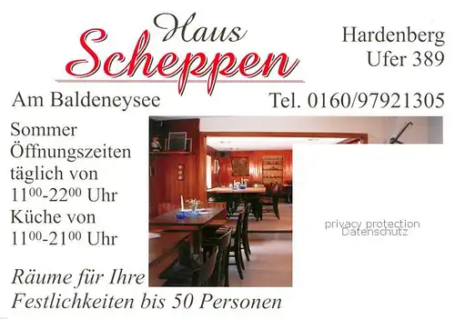 AK / Ansichtskarte Hardenberg_Neviges Haus Scheppen Restaurant Terrasse Fahrgastschiff Hardenberg Neviges