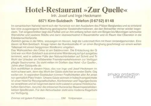 AK / Ansichtskarte Sulzbach_Kirn_Nahe Hotel Restaurant Zur Quelle Gastraeume Kegelbahn Zimmer 