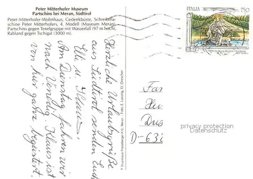 AK / Ansichtskarte Partschins_Parcines_IT 100. Todestag Peter Mitterhofer Erfinder der Schreibmaschine Denkmal Panorama Texelgruppe 