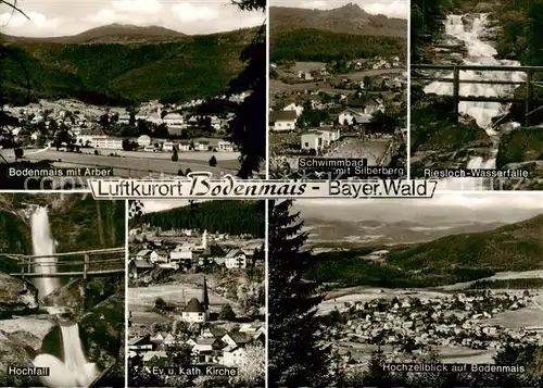 AK / Ansichtskarte Bodenmais mit Arber Schwimmbad mit Silberberg Riesloch Wasserfaelle Hochfall Ev und kath Kirche Hochzellblick auf Bodenmais Bodenmais