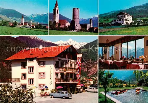 AK / Ansichtskarte Mals_Suedtirol_IT Gasthof Albergo Panorama Restaurant Hallenbad Ortsmotiv mit Kirche 