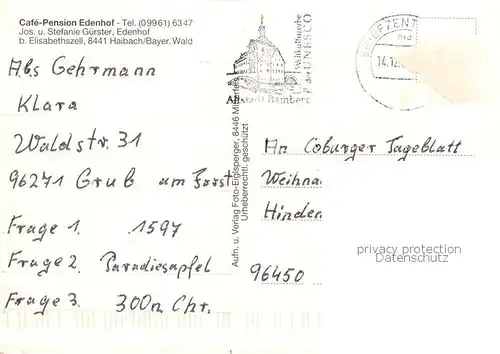 AK / Ansichtskarte Haibach_Bayrischer_Wald Cafe Pension Edenhof Haibach_Bayrischer_Wald