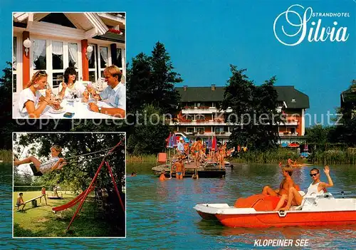 AK / Ansichtskarte Seelach_Klopeinersee Strandhotel Silvia Cafe Terrasse Badesteg Tretboot Kinderspielplatz Seelach_Klopeinersee