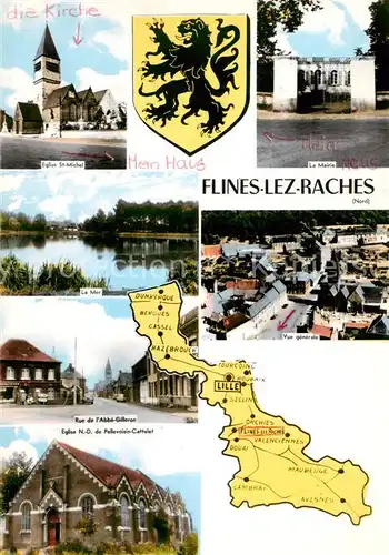 AK / Ansichtskarte Flines lez Raches_59_Nord Eglise Mairie Mer Rue de l Abbe Gilleron vue generale 