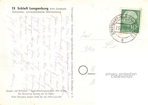 AK / Ansichtskarte Langenburg_Wuerttemberg Schloss Sammlung Burgen und Schloesser Jugendherbergsgroschen 1955 Karte Nr. 13 Langenburg Wuerttemberg