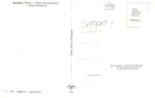 AK / Ansichtskarte Landau__Pfalz Staedt. Krankenhaus m. Bismarcksaeule 