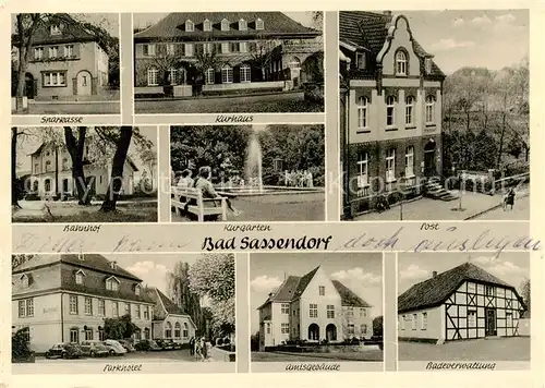 AK / Ansichtskarte Bad_Sassendorf Sparkasse Kurhaus Bahnhof Kurgarten Post Parkhotel Amtsgebaeude Badeverwaltung Kurort Bad_Sassendorf