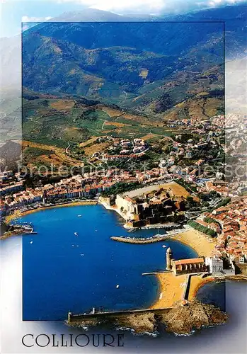 AK / Ansichtskarte Collioure_66_Pyrenees Orientales Ville dominee par les Alberes Plage Saint Vicent Chateau Plage du Faubourg vue aerienne 