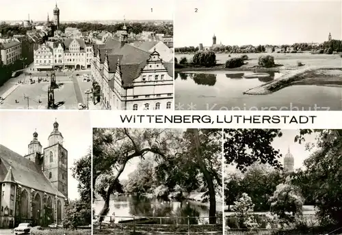 AK / Ansichtskarte Wittenberg__Lutherstadt Marktplatz und Schlosskirche Panorama Stadtkirche Schwanenteich Leninpark 