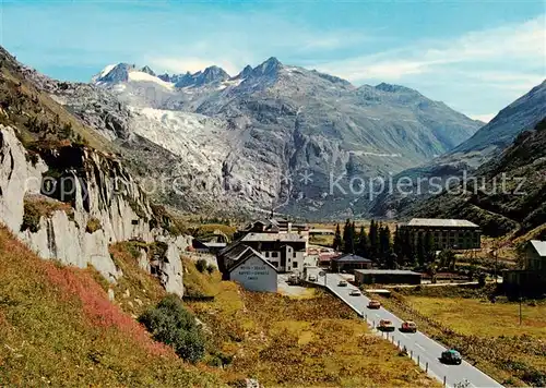 AK / Ansichtskarte Gletsch_1784m_VS mit Rhonegletscher und Galenstock Furkapass Strasse 
