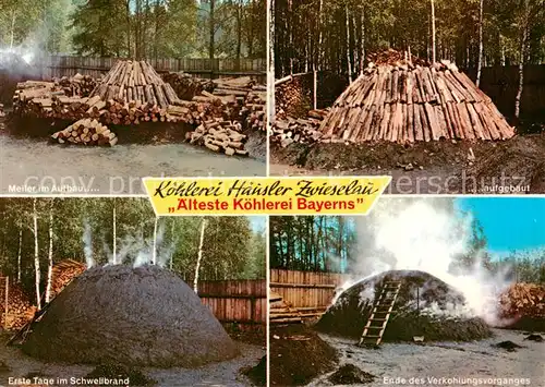 AK / Ansichtskarte Zwieselau_Zwiesel Koehlerei Haeusler Meiler im Aufbau und aufgebaut Erste Tage im Schwelbrand Ende des Verkohlungsvorgangs 