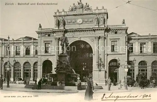 AK / Ansichtskarte Zuerich_ZH Bahnhof u. Escherdenkmal   GEspanne Zuerich_ZH