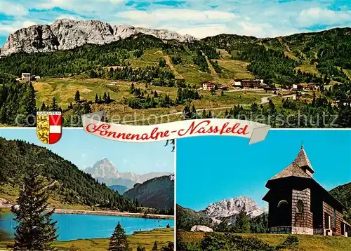 AK / Ansichtskarte Nassfeld_Kaernten_AT Sonnenalpe Stausee mit Montasch Gedaechtniskapelle mit Gartnerkofel 