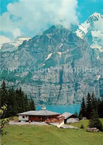 AK / Ansichtskarte Oeschinensee_oeschinensee_1578m_BE Hotel Restaurant Zur Sennhuette Kandersteg 