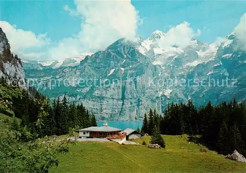 AK / Ansichtskarte Oeschinensee_oeschinensee_1578m_BE Hotel Restaurant Zur Sennhuette Kandersteg 