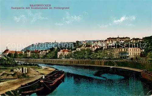 AK / Ansichtskarte Saarbruecken Saarpartie mit Krankenhaus im Hintergrund Saarbruecken
