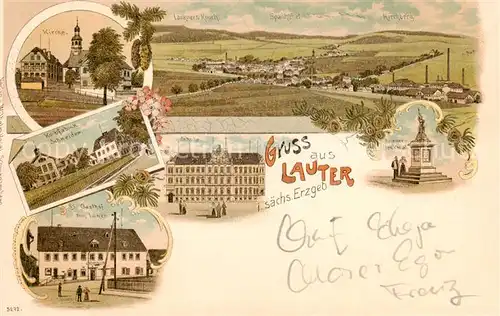 AK / Ansichtskarte Lauter_Schwarzenberg_Erzgebirge Schule Kirche Korbfabrik Schneider Gasthof zum Loewen Lauter_Schwarzenberg