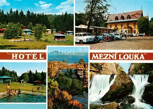 AK / Ansichtskarte Hrensko_Herrnskretschen_Boehmen_CZ Hotel Mezni Louka Bungalows Swimming Pool Felsformationen Wasserfall 