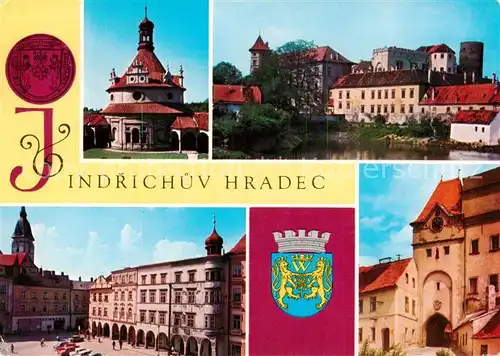 AK / Ansichtskarte Jindrichuv_Hradec_Neuhaus_Boehmen_CZ Rondell im Schlossgarten Maly Vajgar Burg Historische Haeuser am Marktplatz Torbogen Wappen 