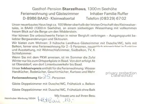 AK / Ansichtskarte Baad Mittelberg_Kleinwalsertal_AT Gasthof Pension Starzelhaus Ferienwohnung Gaestezimmer 