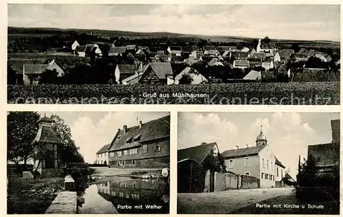 AK / Ansichtskarte Muehlhausen_Eberhardzell Gesamtansicht Partie am Weiher Kirche Schule Muehlhausen Eberhardzell