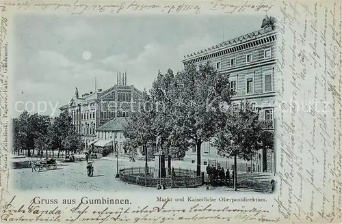 AK / Ansichtskarte Gumbinnen_Goesev_Gussew_Oblast_Kaliningrad_RU Markt u. Kaiserliche Oberpostdirektion m. Kutsche 