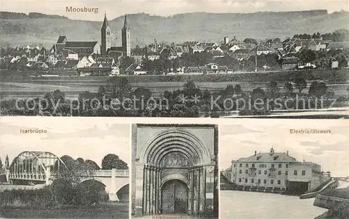 AK / Ansichtskarte Moosburg_Isar Totalansicht Isarbruecke Elektrizitaetswerk Kirchenportal Moosburg Isar