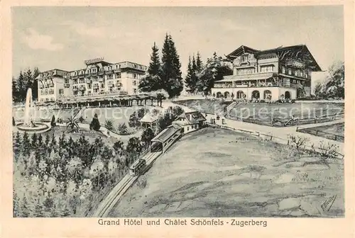 AK / Ansichtskarte Zugerberg_ZG Grand Hotel u. Chalet Schoenfels Zahnradbahn Bahn   Kuenstlerkarte P. Bleuler 