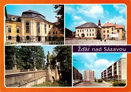 AK / Ansichtskarte Zdar_nad_Sazavou_Saar_CZ Museum Gottwald Platz Barock Skulpturen Schlossbruecke Wohnsiedlung 