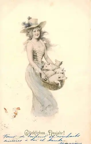 AK / Ansichtskarte Neujahr Frau mit Schweinen  