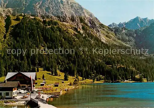 AK / Ansichtskarte Vilsalpsee_1168m_Tannheim_Tirol_AT Gaststaette am See gegen Lachenspitze Allgaeuer Alpen 