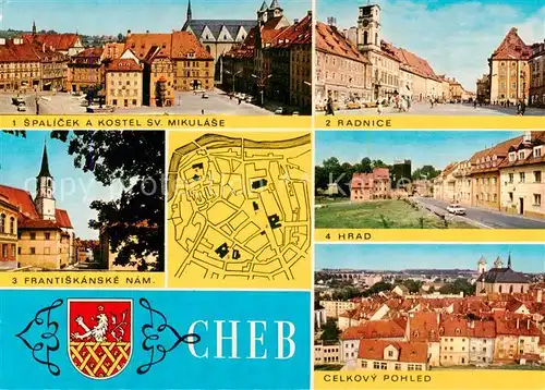 AK / Ansichtskarte Cheb_Eger Spalicek a Kostel Radnice Frantiskanske nam Hrad Celkovy pohled 