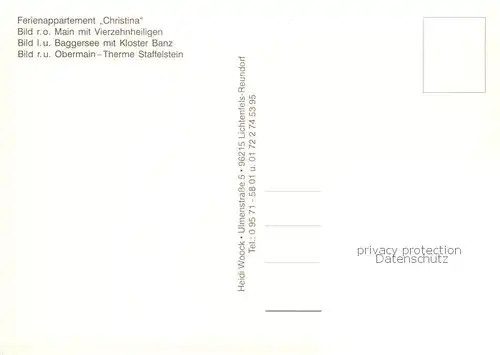 AK / Ansichtskarte Vierzehnheiligen Ferienappartement Christina Main Baggersee mit Kloster Banz Obermain Therme Staffelstein Vierzehnheiligen