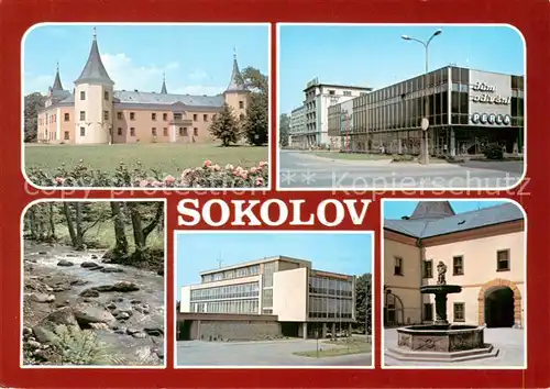 AK / Ansichtskarte Sokolov_CZ Schloss Einkaufszentrum Moderne Architektur Brunnen Partie am Bachlauf 
